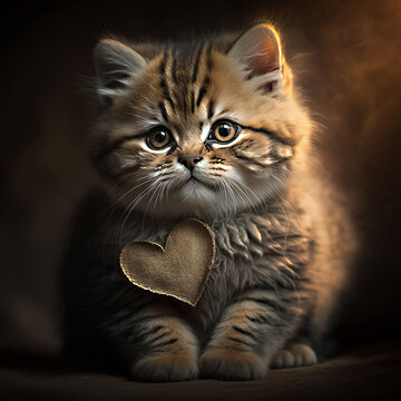 Potrait of a cat with heart on it's chest, high quality, image stock, created with generative technology