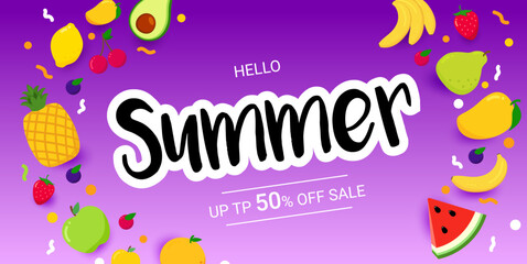 Fototapeta na wymiar Horizontal summer sale banner with bright fruit on violet background.