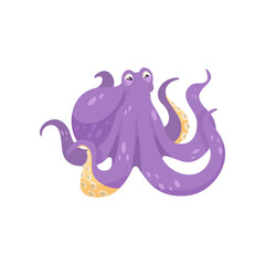 Happy purple comic octopus illustration. Underwater animal cartoon character with tentacles, sea or ocean creature isolated on white background. Wildlife, nature concept