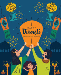 Happy Diwali Festival and Family Celebrating Diwali Vector