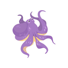 Purple comic octopus illustration. Underwater animal cartoon character with tentacles, sea or ocean creature isolated on white background. Wildlife, nature concept