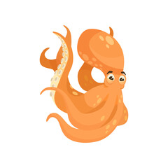 Happy orange comic octopus vector illustration. Underwater animal cartoon character with tentacles, sea or ocean creature isolated on white background. Wildlife, nature concept