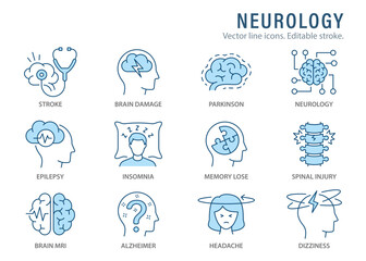 Neurology icons such as Alzheimer's disease, Parkinson, insomnia, epilepsy and more. Editable stroke.