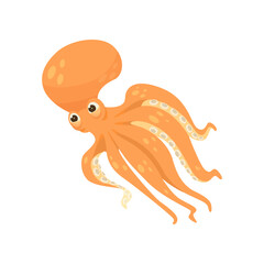Happy orange comic octopus illustration. Underwater animal cartoon character with tentacles, sea or ocean creature isolated on white background. Wildlife, nature concept