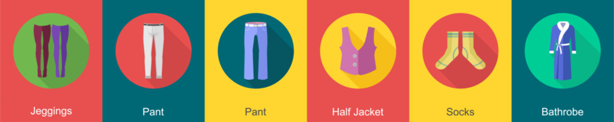 A set of 6 Clothes icons as jeggings, pant, half jacket