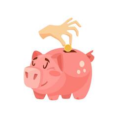Happy comic piggy bank vector illustration. Piggybank cartoon character with money inside, hand putting coin on white background. Banking, finances, debt concept
