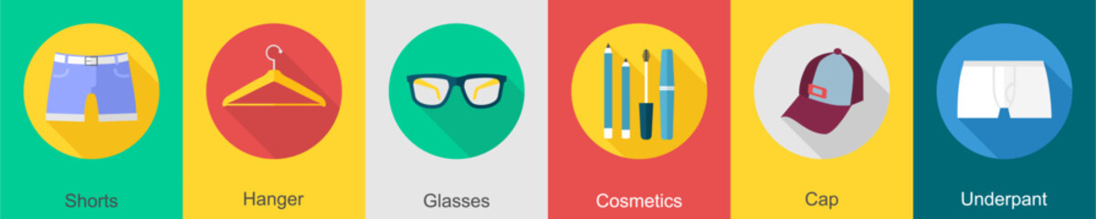 A set of 6 Clothes icons as shorts, hanger, glasses