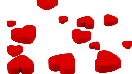 Red hearts of various sizes on white background. 3D illustration. PNG file format.
