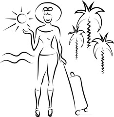 A happy and rested young beauty returns from a journey. Sun, sea, palm trees, rest.  Black outline, symbols, logo