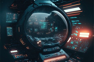 Futuristic navigation system, AR space, floating in the space, flat design, information graphic. Sci-fi space exploration concept. Inside view of the sci-fi cabin of the pilot Generative AI.