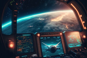Futuristic navigation system, AR space, floating in the space, flat design, information graphic. Sci-fi space exploration concept. Inside view of the sci-fi cabin of the pilot Generative AI.