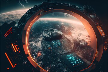 Futuristic navigation system, AR space, floating in the space, flat design, information graphic. Sci-fi space exploration concept. Inside view of the sci-fi cabin of the pilot Generative AI.