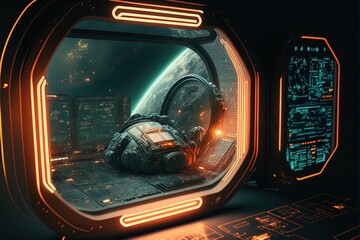 Futuristic navigation system, AR space, floating in the space, flat design, information graphic. Sci-fi space exploration concept. Inside view of the sci-fi cabin of the pilot Generative AI.
