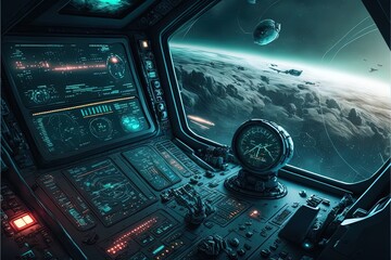 Futuristic navigation system, AR space, floating in the space, flat design, information graphic. Sci-fi space exploration concept. Inside view of the sci-fi cabin of the pilot Generative AI.