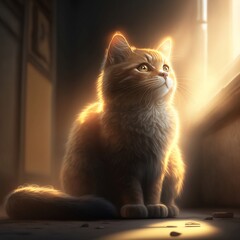 Sun shine on a little cat sitting in the room. Generative AI