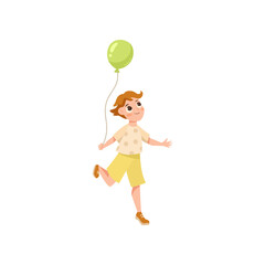 Happy cartoon boy in yellow shorts with balloon illustration. Drawing of funny kid holding balloon, birthday party isolated on white background. Celebration, childhood concept