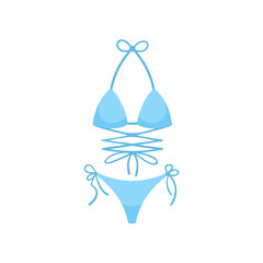 Female blue swimwear for beach vector illustration. Design of bikini and swimsuit for women, swim suit for beach on white background. Summer, fashion concept