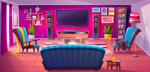 Cartoon living room with tv set, game console and furniture. Vector illustration of cozy boho style home with cute cat on armchair, sofa, lamp, flower pots, books on shelf, pictures on pink wall