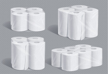 Realistic set of toilet paper and kitchen towel pack mockups isolated on transparent background. 3D vector illustration of soft white hygiene tissue rolls for bathroom packed in blank polythene