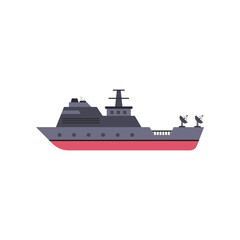 Military red and grey ship cartoon vector illustration. Warship, vessel and boat on white background. Navy, sea power, marine forces, war, battle concept