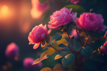 Pink rose flower in the garden of flowers and sunlight with bokeh,Generative AI
