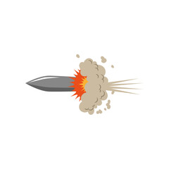 Explosion and smoke with bullet vector illustration. Cartoon drawing of bullet blast, fire, cloud of smoke after gun bullet burst on white background. War, armament concept