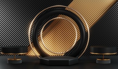 3D rendering of black and gold mockup background for black friday product on mockup