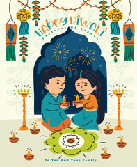 Happy Diwali. Sweet Indian Couples Holding Oil Lamp And Sparkler With Sky Lanterns In Night Background