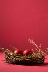 red eggs in a small nest, copy space