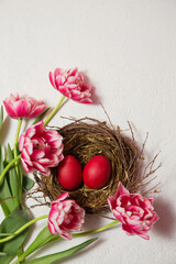 A nest with eggs is decorated with beautiful tulips on a white background