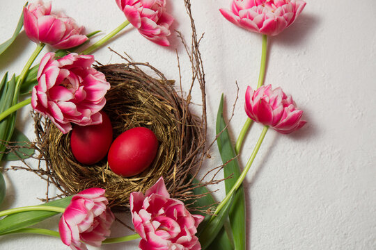 A nest with painted eggs is decorated with beautiful pink tulips