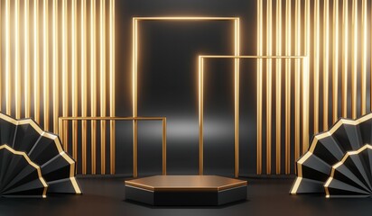 3D rendering of black and gold mockup background for black friday product on mockup