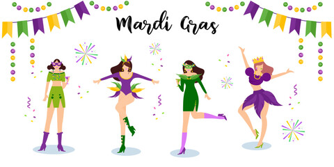 Fototapeta na wymiar Vector illustration Mardi Gras carnival woman dance with fun
