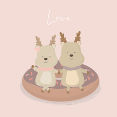Lovely deer couple lying on donut cartoon animals cute lover concept