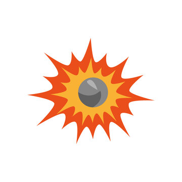 Explosion with bullet front view vector illustration. Cartoon drawing of bullet blast, fire after gun bullet burst on white background. War, armament concept