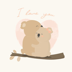 The koala couple falling in love and hugging on branch tree