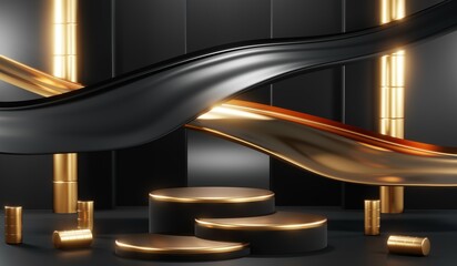 3D rendering of black and gold mockup background for black friday product on mockup