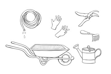 My garden. Vector set of gardening tools: wheelbarrow, watering can, prunner, hoe, protective gloves, hose for irrigation. Hand drawn outline doodle illustration - obrazy, fototapety, plakaty