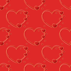 Red hearts seamless pattern. Volumetric vector hearts with gold abstract lines on pink background. Best for web, polygraphy, print and St. Valentine's Day decoration.