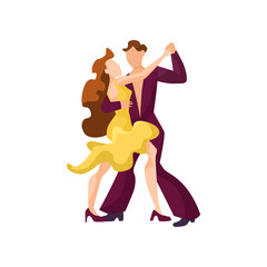 Fototapeta na wymiar Woman and man dancing bachata vector illustration. Couple of male and female Latino or merengue dancers in yellow and purple costumes at party or club on white background. Performance, music concept