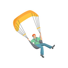 Man skydiving vector illustration. Cartoon character skydiving isolated on white background. Extreme sports, recreation concept