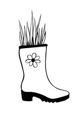 Vector outline rubber rain boots with decorative grass, plant. Cute seasonal spring floral illustration. Shoes as vase. Hand drawn design element, clip art in doodle style, isolated