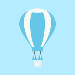 Blue hot air balloon flying in sky flat vector illustration. Cute blue hot air balloon, transport for tourists isolated on blue background. Transportation, tourism, journey concept