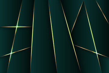 abstract modern style. geometric golden line on dark green shade background. Luxury realistic concept. 3d paper cut style. Vector illustration for design. horizontal layout backdrop.