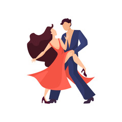 Man and woman dancing salsa vector illustration. Couple of male and female Latino or merengue dancers in red and blue costumes at party or club on white background. Performance, music concept