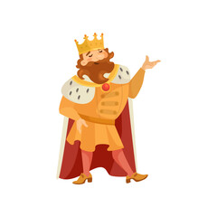 Obraz premium Medieval happy king cartoon character standing illustration. Funny fat man in royal costume standing on white background. Royalty, nobility, fantasy, history concept