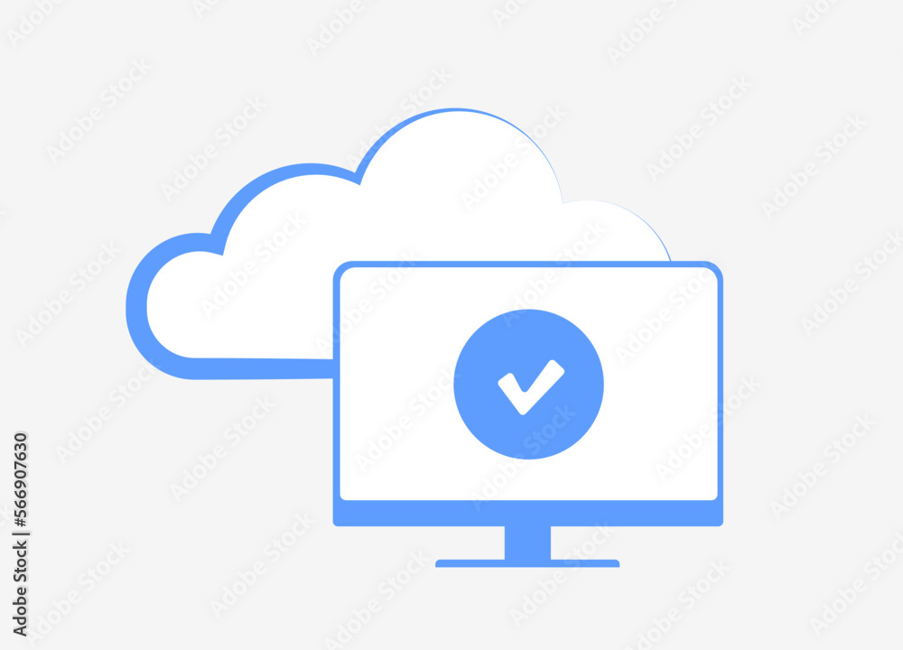Poster computer monitor with checkmark symbolizing success and cloud behind it, conveying concept of secure