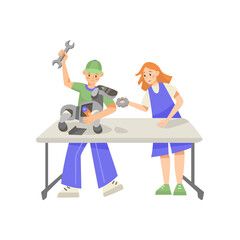 Kids making robotic dog during science class vector illustration. Boy and girl as scientists building machine isolated on white background. Robotics, development, education concept
