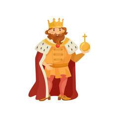 Medieval king cartoon character holding golden orb illustration. Funny fat man in royal costume standing on white background. Royalty, nobility, fantasy, history concept