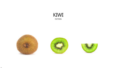 Fototapeta na wymiar Whole kiwi fruit and his sliced segments isolated on white background. Close-up. And there is a space for entering your message